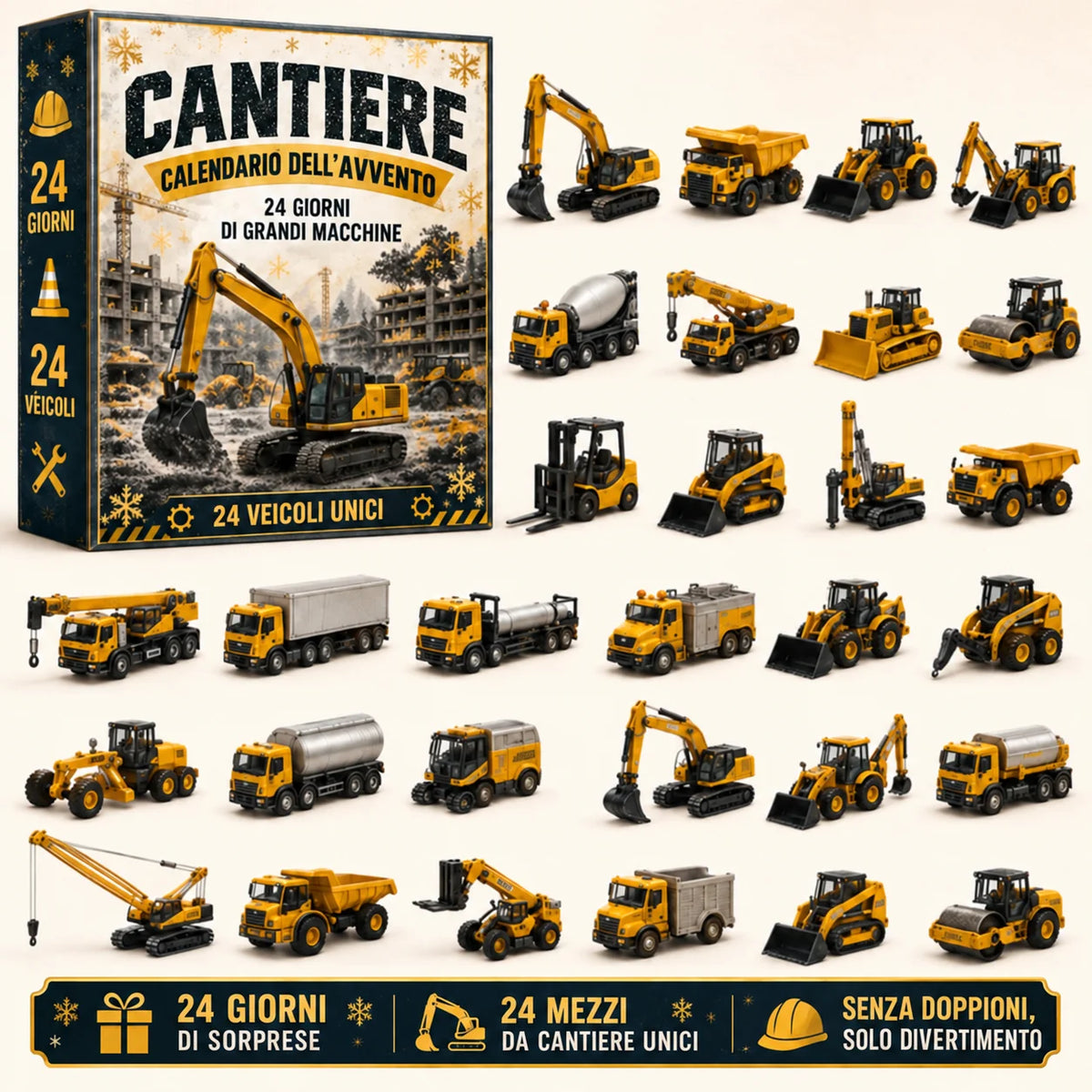 Calendario dell'Avvento con 24 veicoli in miniatura